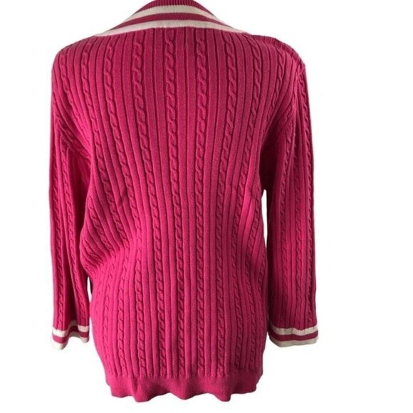 Chaps Classic Cotton Tennis Sweater Women XL Pink White VNeck Long Sleeves - Picture 6 of 7